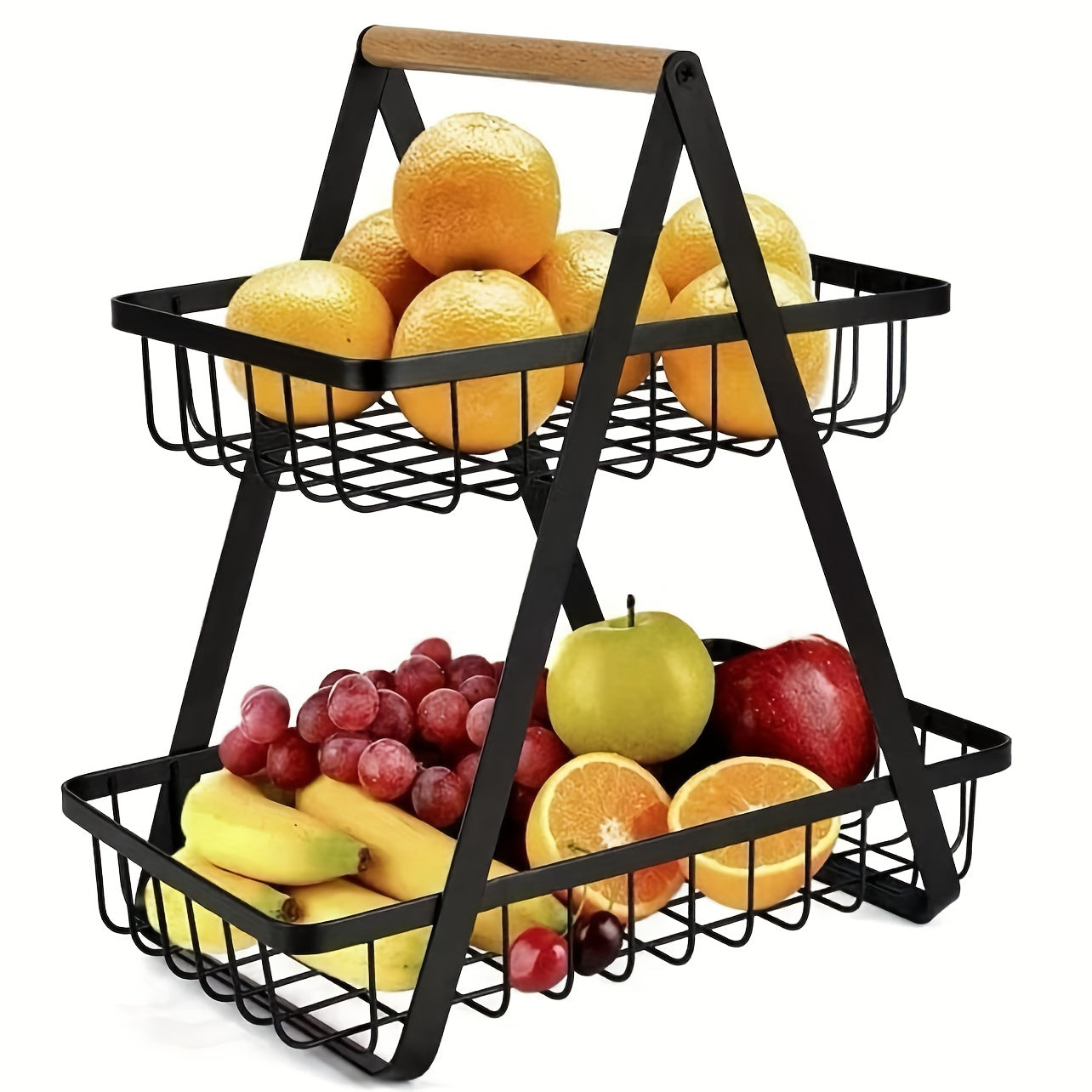 Metal Fruit and Vegetable Basket with Detachable Bowl and Wooden Handle for Kitchen Storage
