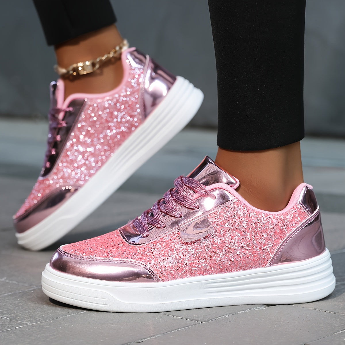 Zapatillas de lentejuelas brillantes para mujer, color dorado y blanco, de caña baja, calzado casual para skate