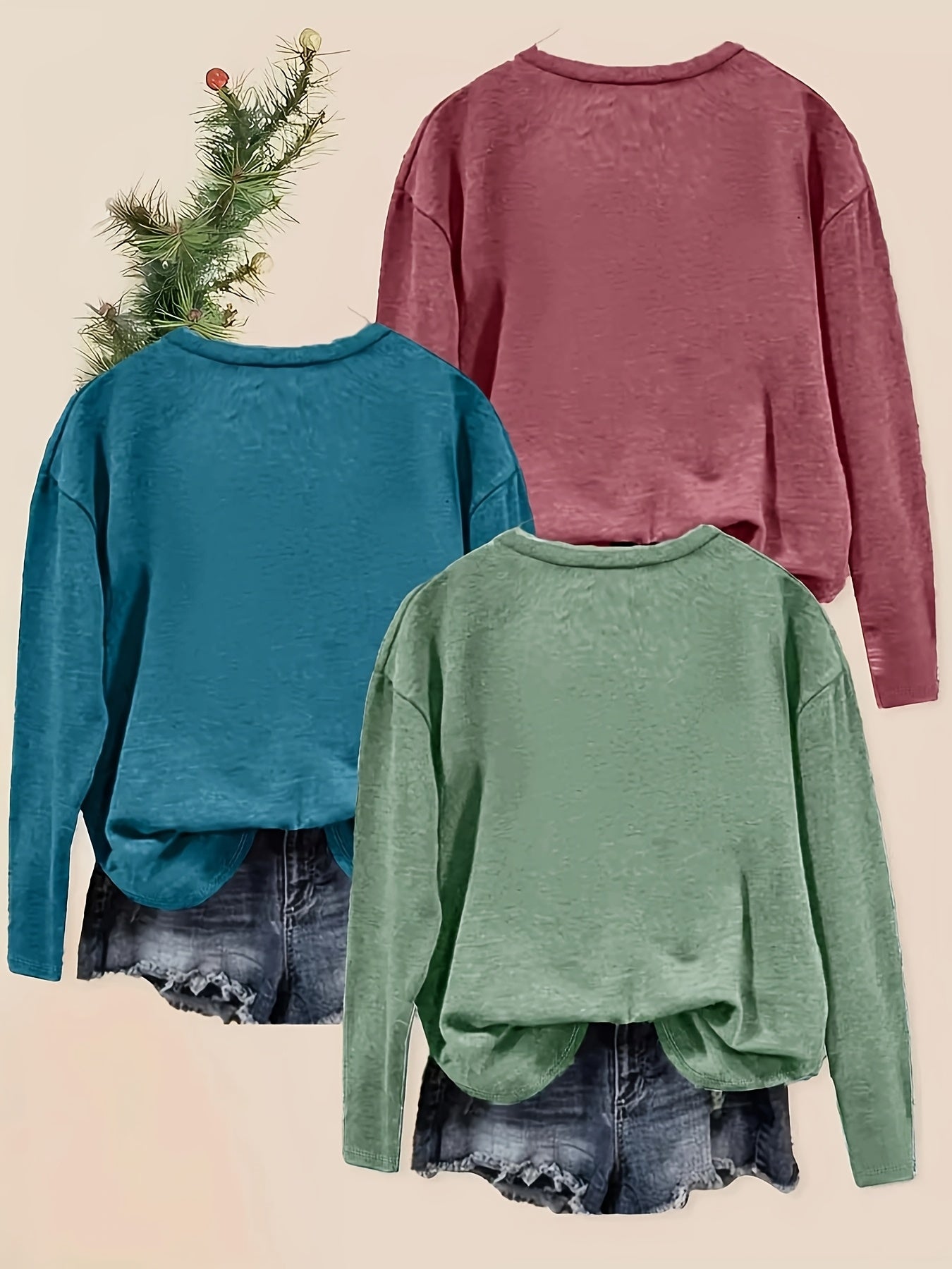 Women's Long Sleeve Cotton Casual Tops Set with Geometric Prints in Pink Blue Purple