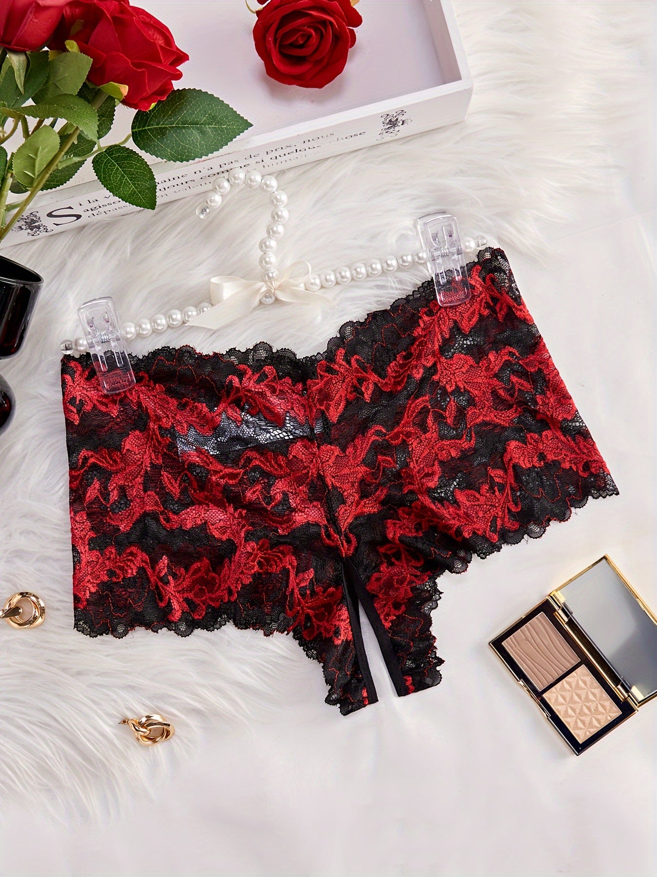 Panties de triángulo semi transparent con encaje para mujer talla grande rojo negro floral