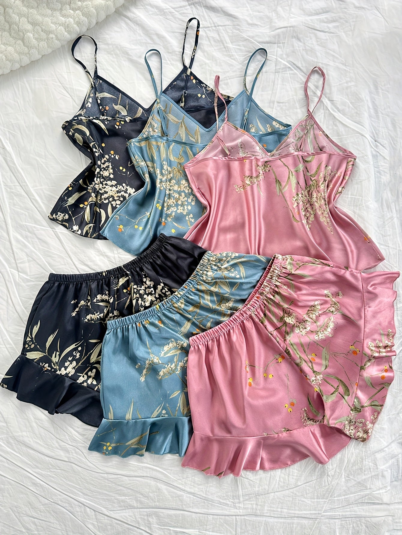 Women's Plus Size Pajama Set Polyester Blend Cami Tops Ruffle Shorts All-Season