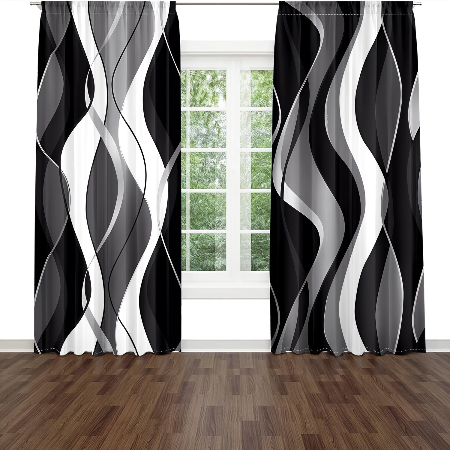 Modern Abstract Geometric Curtain Set Black White 2 Pieces Privacy Drapes