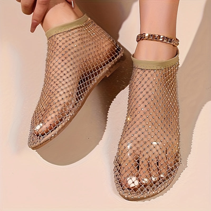 Women's Mesh Rhinestone Flat Sandals with Elastic Band and Cut-Out Design