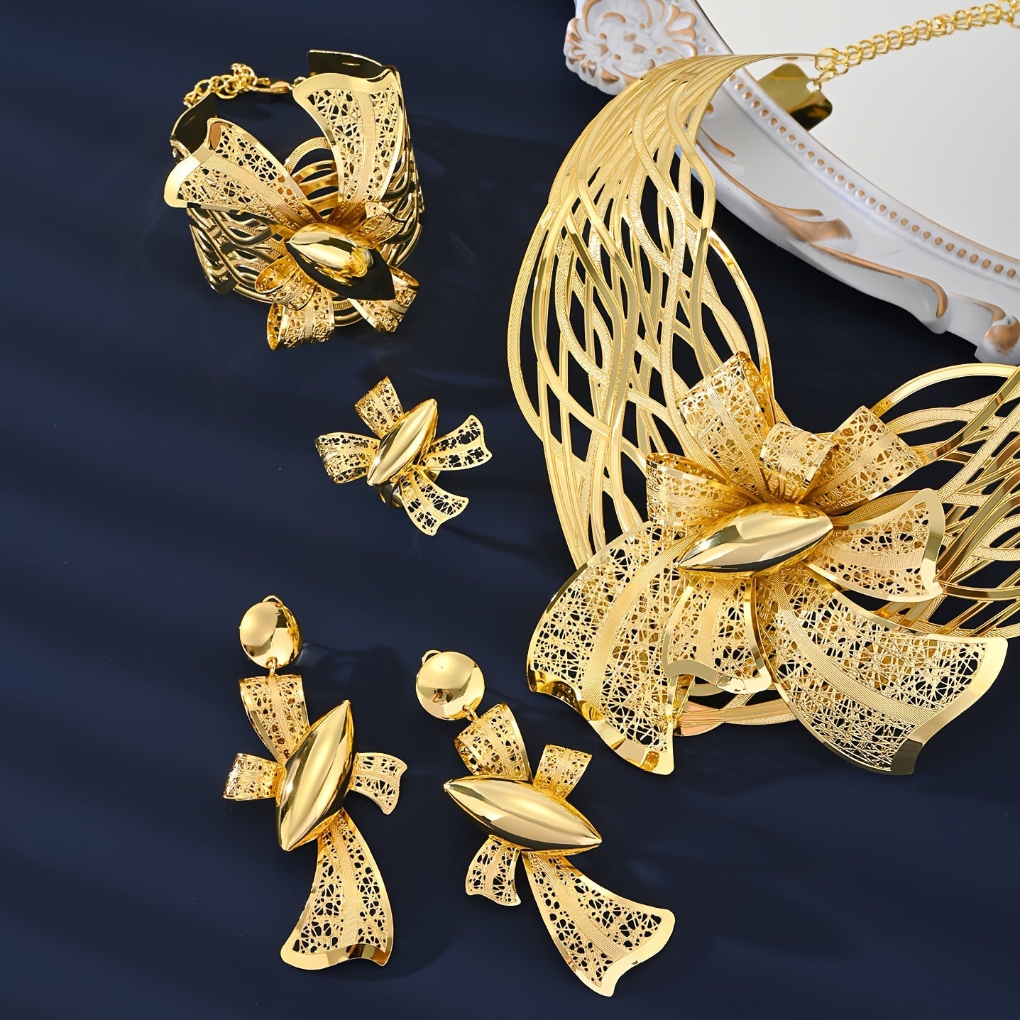 Set of 4 Brass Jewelry Pieces Big Flower Necklace Earrings Bracelet Ring 18k Gold Plated Women Party Wedding