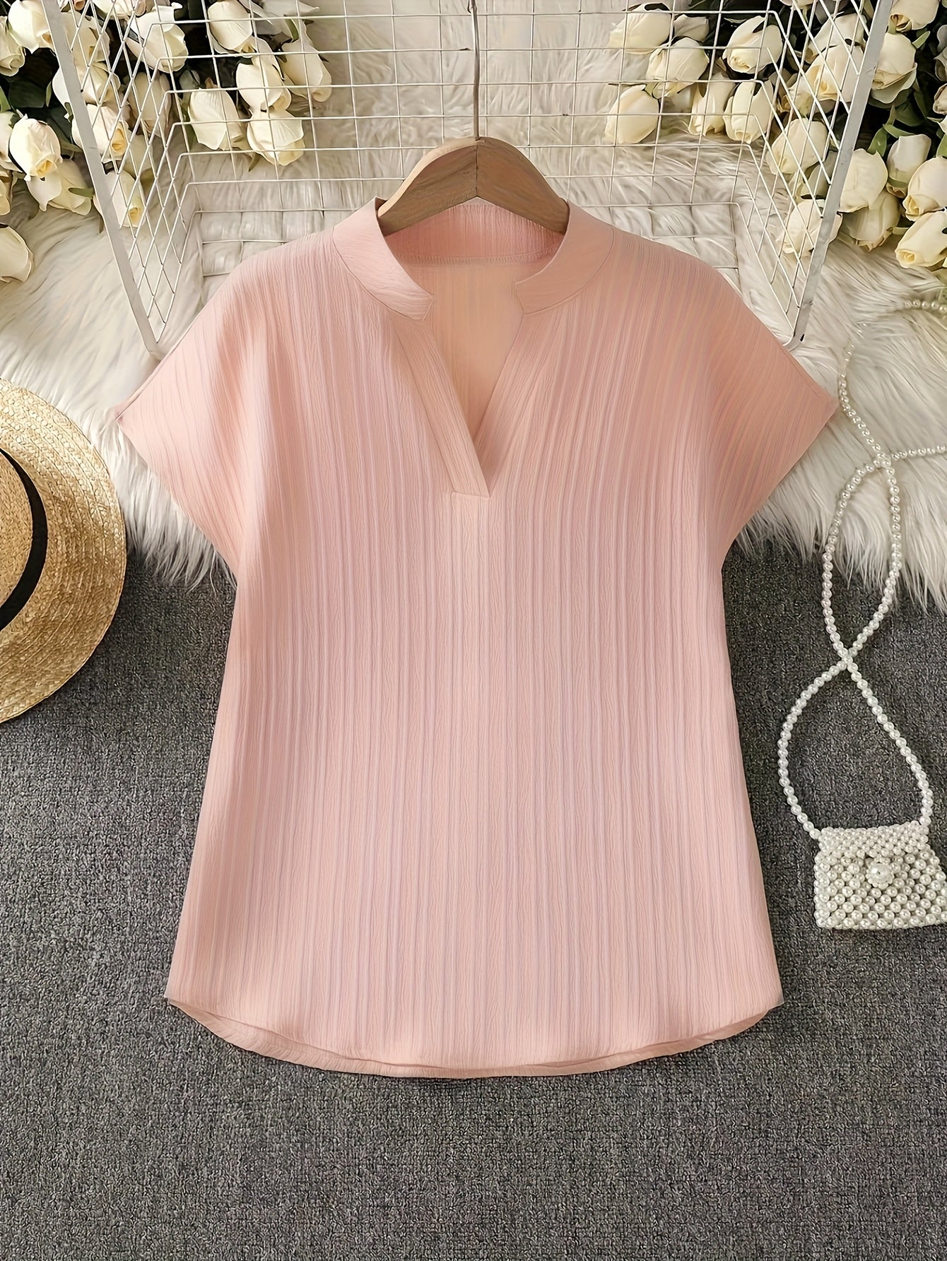 Plus o'lcham ayollar uchun blush pink V-yuqa kofta yumshoq pastel casual ko'ylak