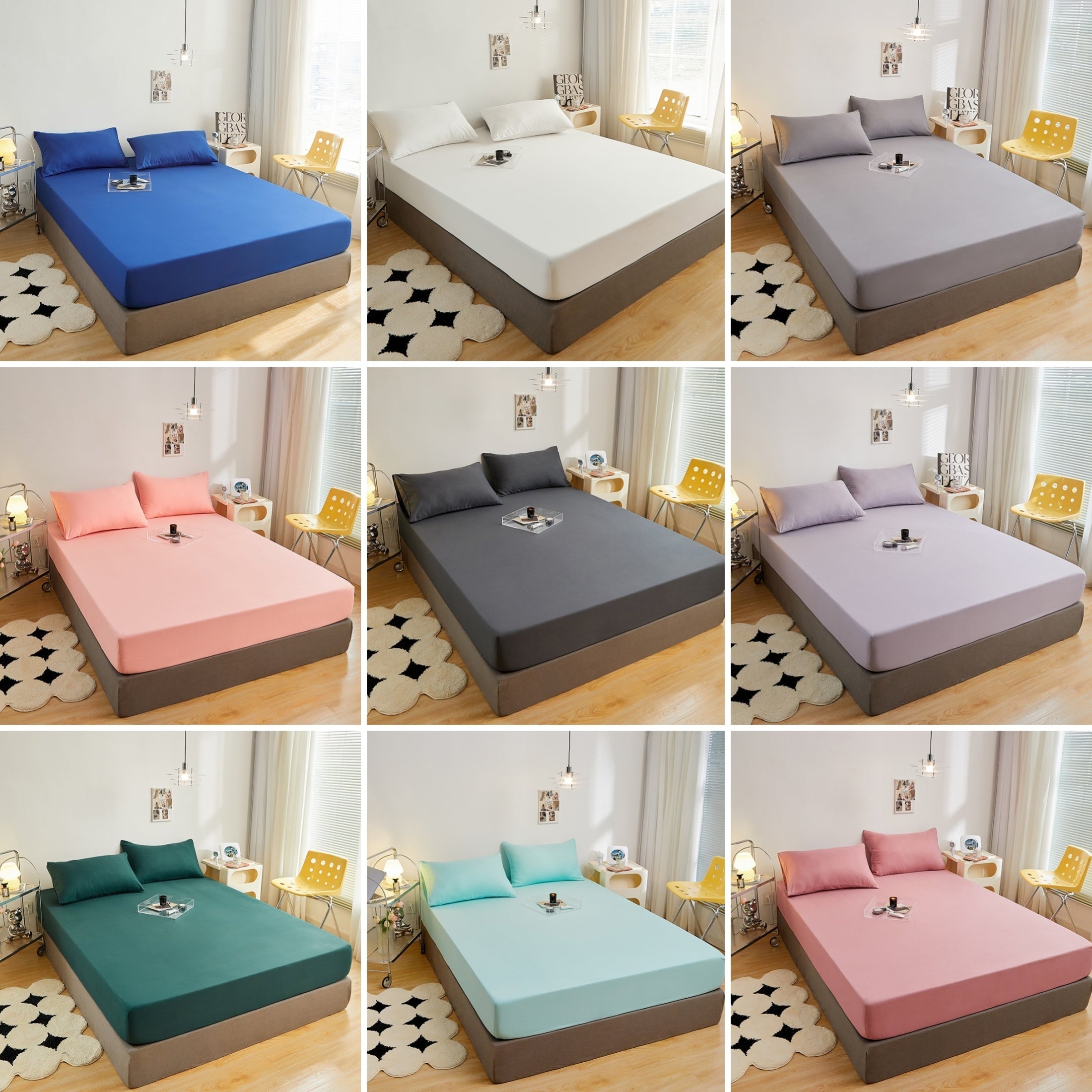 Juego de sábanas ajustadas de poliéster cepillado con 2 fundas de almohada, con bolsillo profundo, ropa de cama