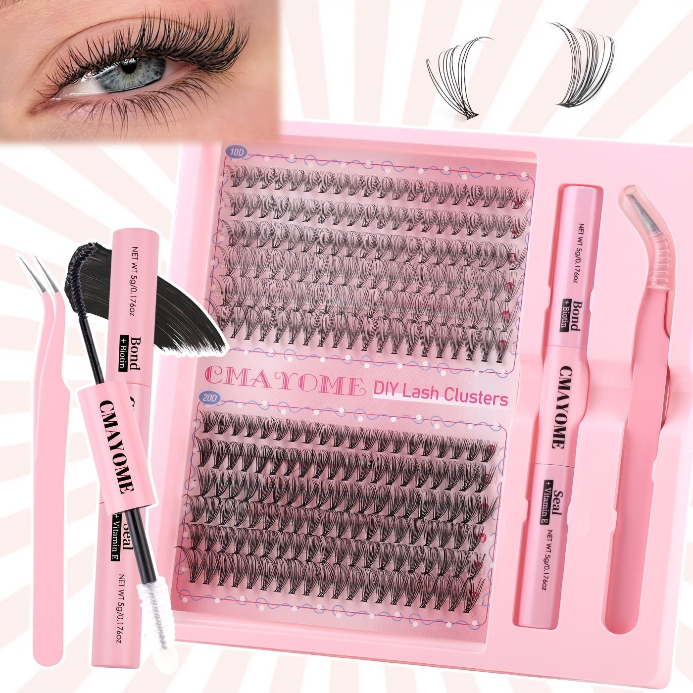 Pink False Eyelashes Set with Glue Tweezers 8-16mm C Curl Natural Fluffy Easy to Apply