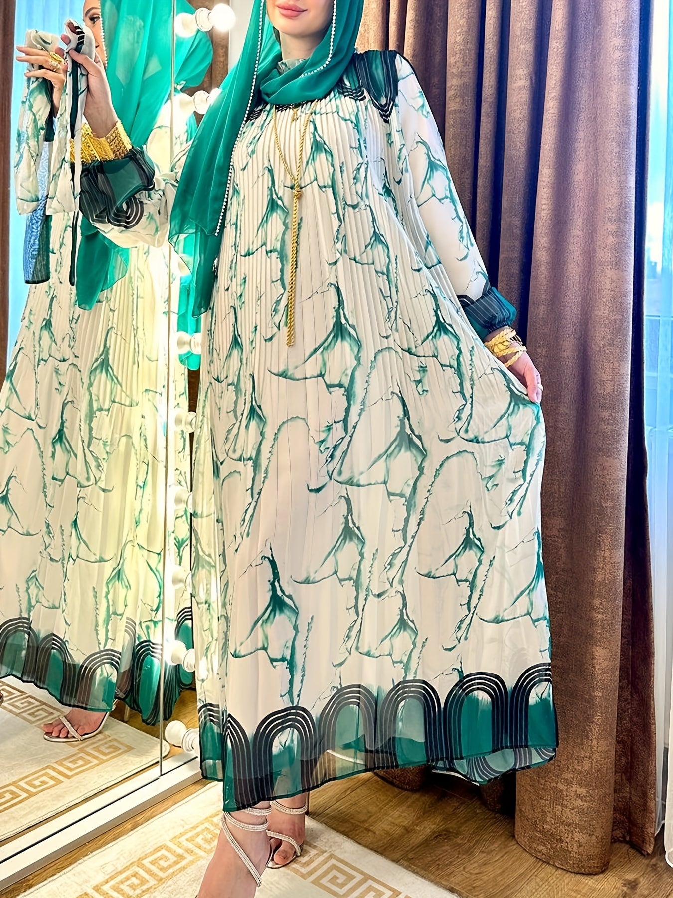 Tie Dye Print Kaftan Dress Long Sleeve Maxi Woven Polyester Loose Fit