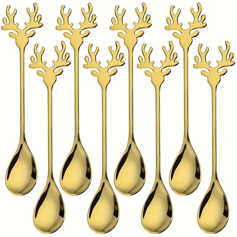 Set of 8 Christmas Deer Head Stainless Steel Coffee Spoons for Tea and Dessert