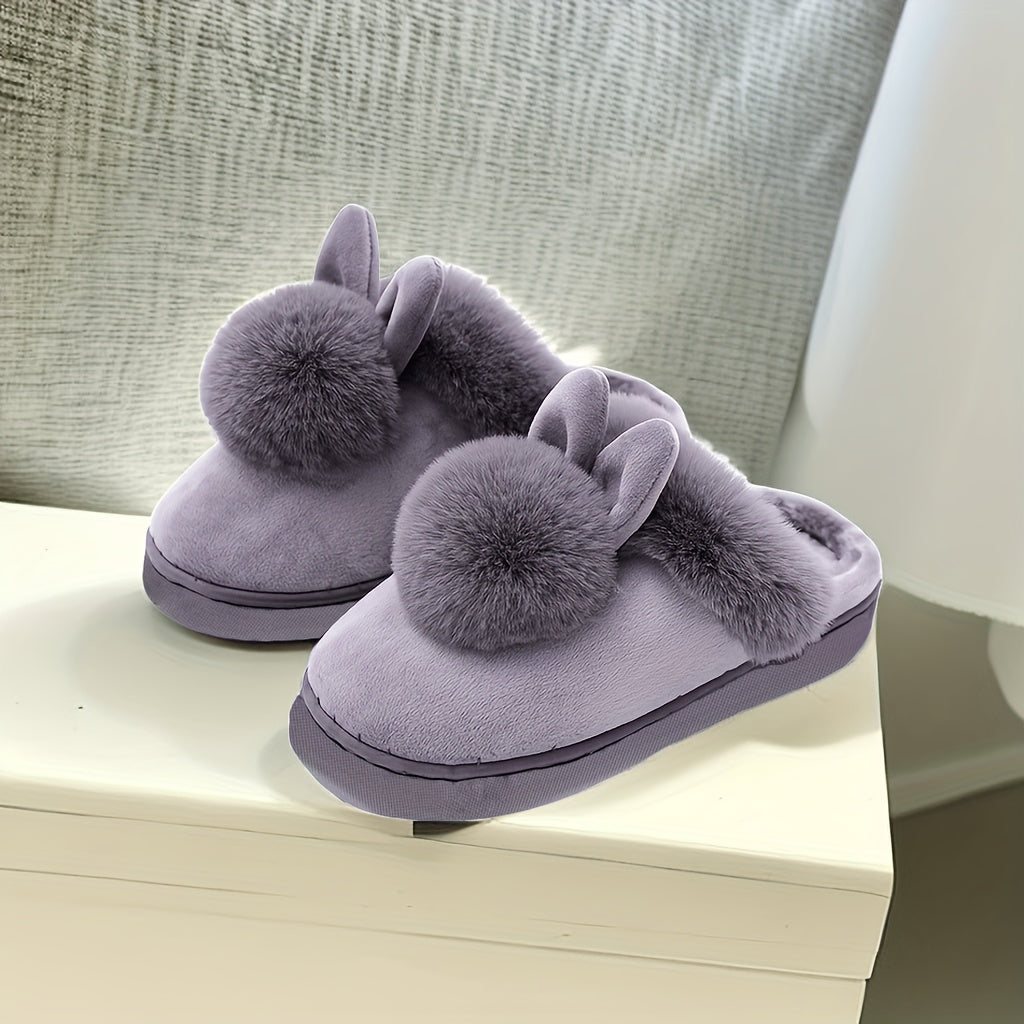 Women's Fuzzy Bunny Pom Pom House Slippers Closed Toe Soft Sole Winter Warm