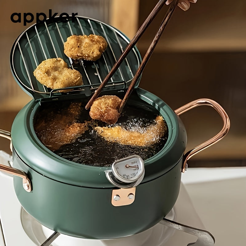 Deep Fryer with Thermometer Non-Stick Carbon Steel Large Green Pan Lid and Oil Drip Rack