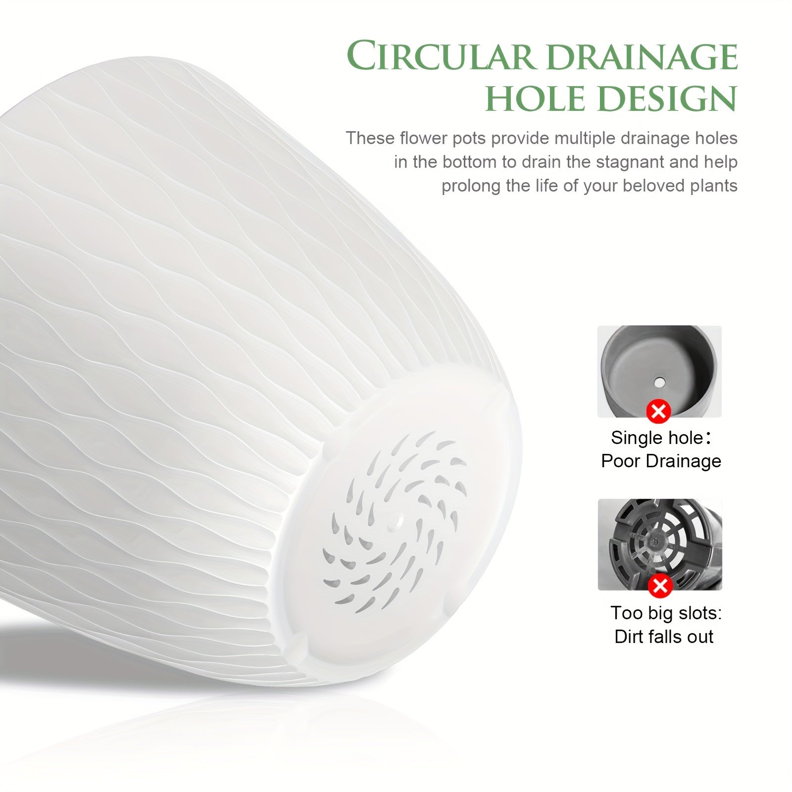 Set of Water Ripple Plastic Flower Pots with Drainage Holes for Indoor Outdoor Planting Large Medium Small