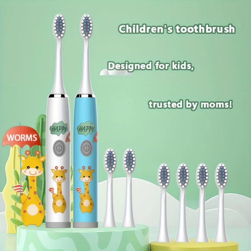 Kids Electric Toothbrush Blue White Giraffe Design Battery Powered for Ages 3-15