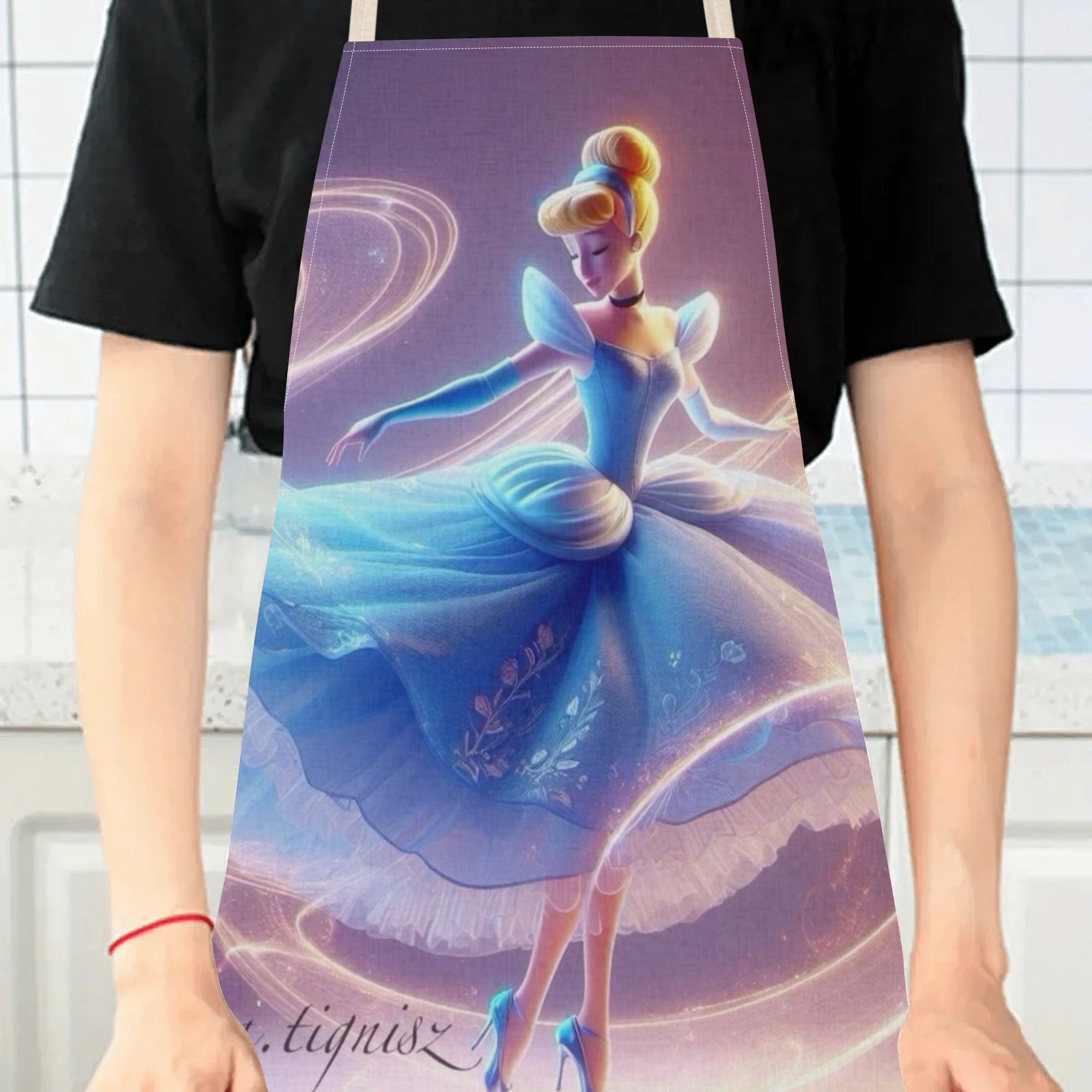 Suv o'tkazmaydigan apron, ko'k, Tanishma, multfilm, gul bilan bezatilgan polyester, oshxona va restoran uchun
