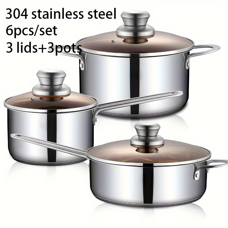 6-Piece Stainless Steel Cookware Set with Glass Lids, Triple-Layer Base