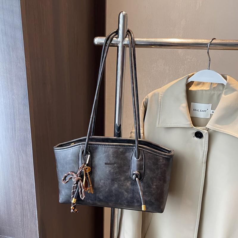 Black Vintage Tote Bag with Removable Strap Zipper Closure Edge Painted