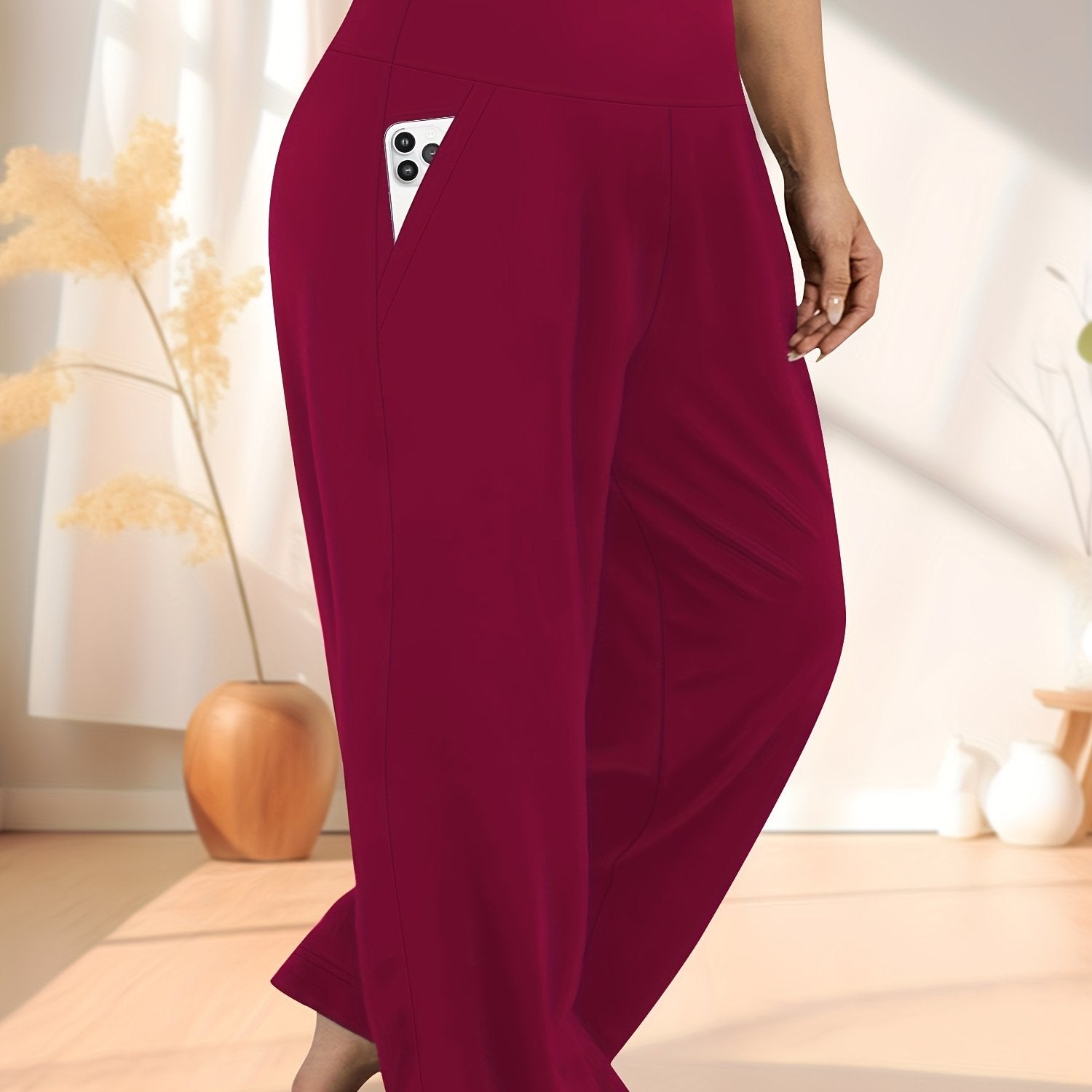 Pantalones de punto de talla grande de cintura alta y pierna ancha, casual, de poliéster, para todas las estaciones