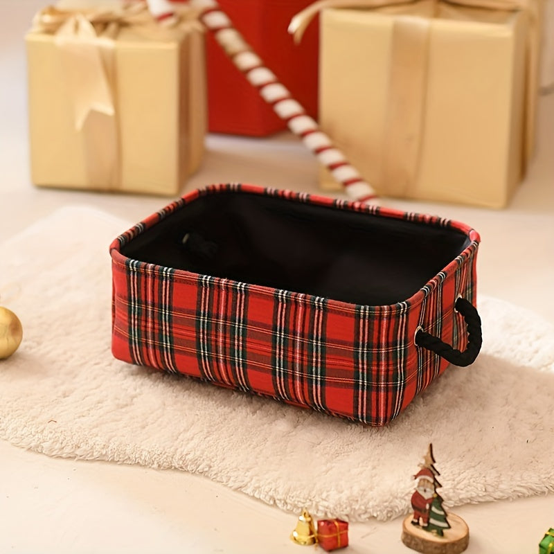 Festive Plaid Storage Basket with Handles for Holiday Decorations and Gifts