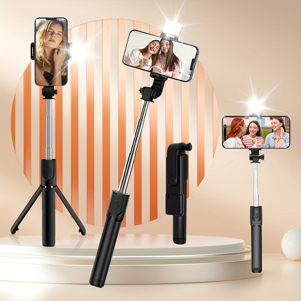 Расширяемая мобильная селфи-палка-трипод с беспроводным пультом и 360° вращением. Совместима с различными смартфонами. Идеально подходит в качестве подарка.