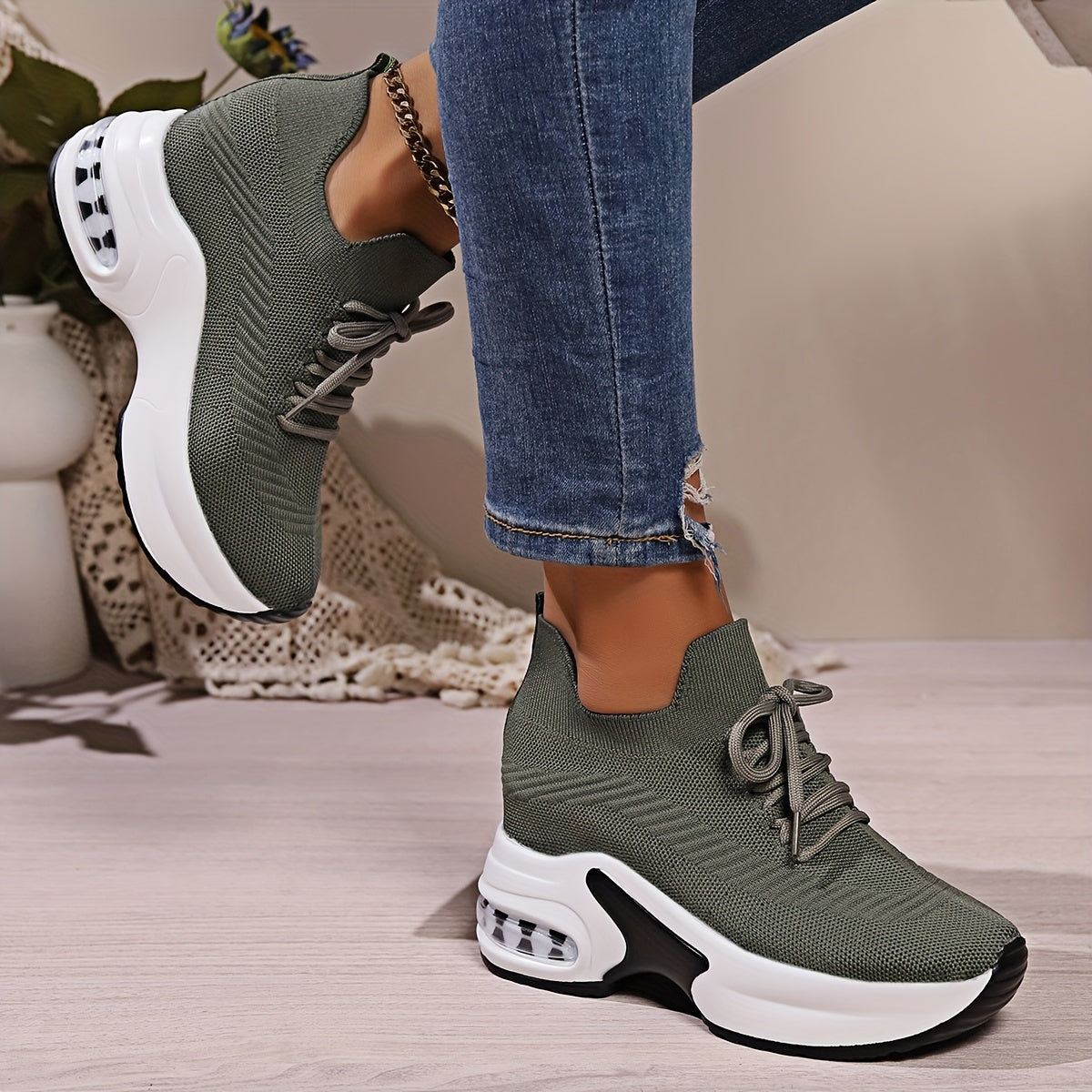 Women's Solid Color Knitted Sneakers, Lace-Up Platform Walking Shoes