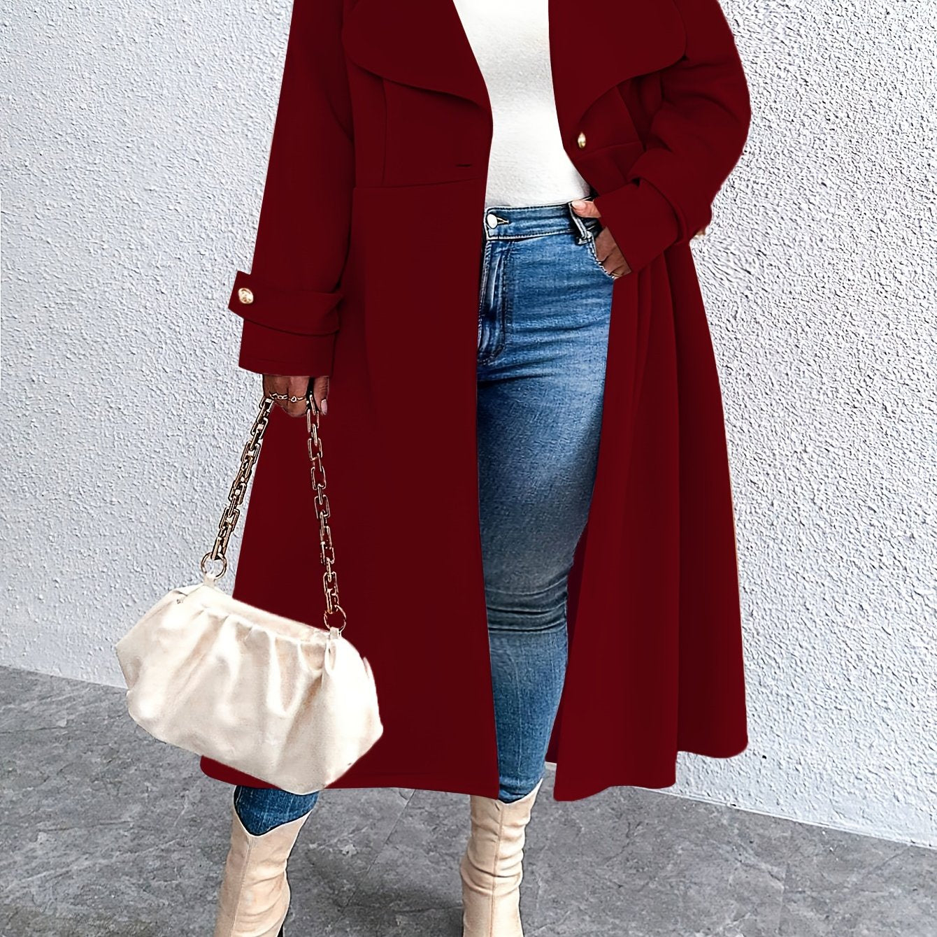 Пальто большого размера с длинной линией, с застежкой на пуговицы и вырезом-отложным воротником для осени и зимы