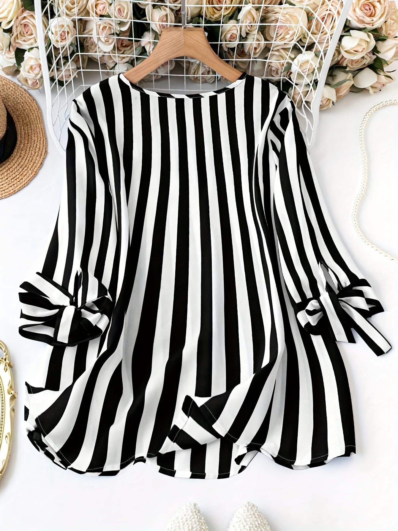 Plus Size Striped V-Neck Blouse with Tie Hem Long Sleeves Pockets