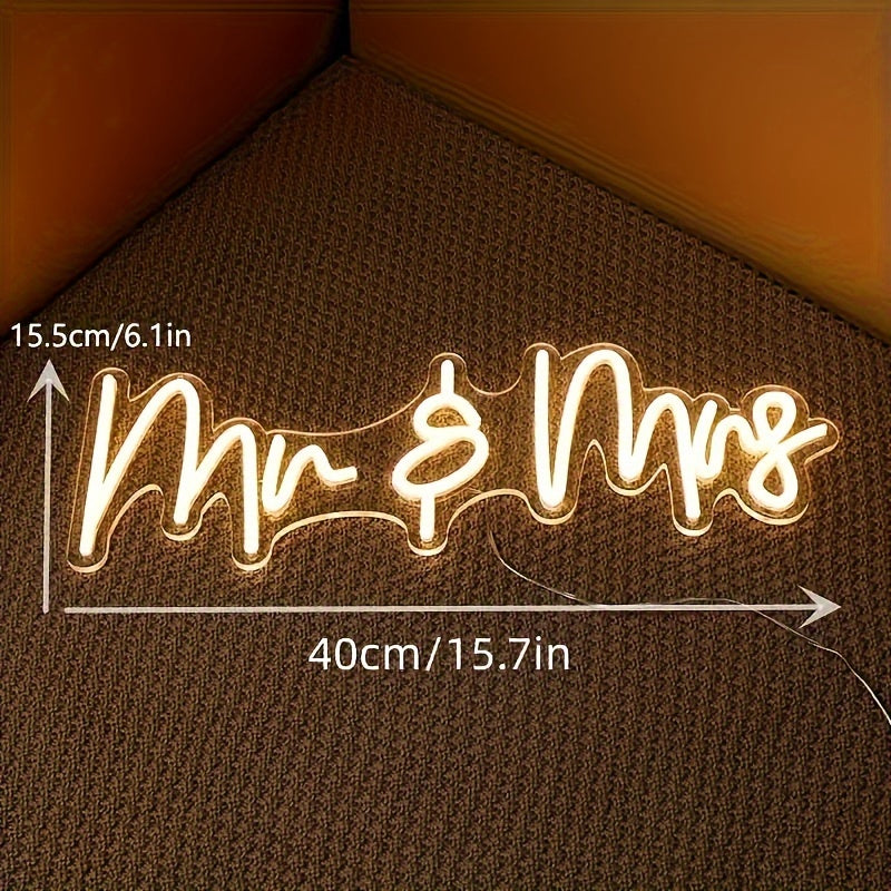 Neon Sign for Mr and Mrs USB Powered Wall Decor Wedding Anniversary Engagement Party Home Lighting 39.88x15.49cm