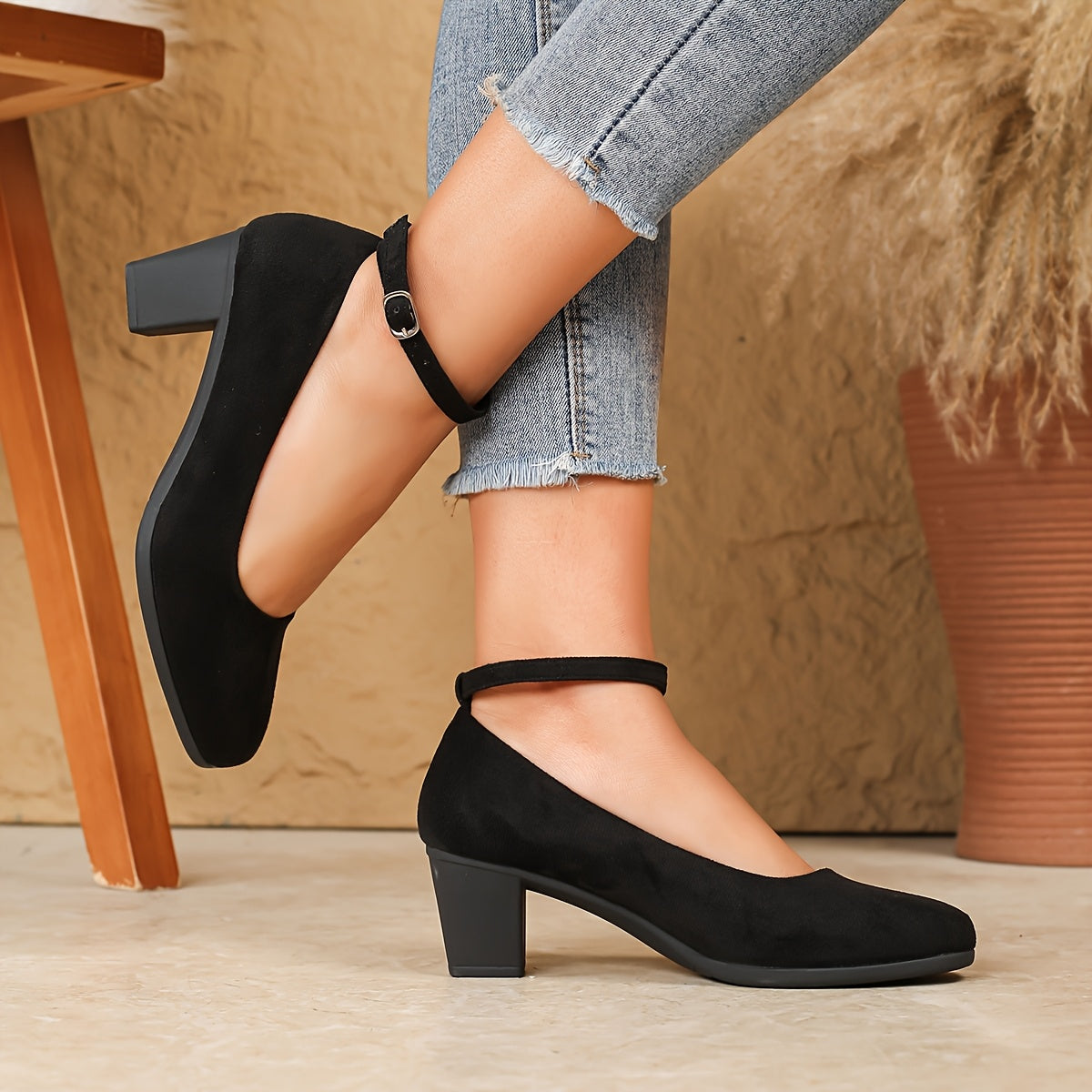 Women's Black Mary Jane Flats with Square Toe and Block Heel