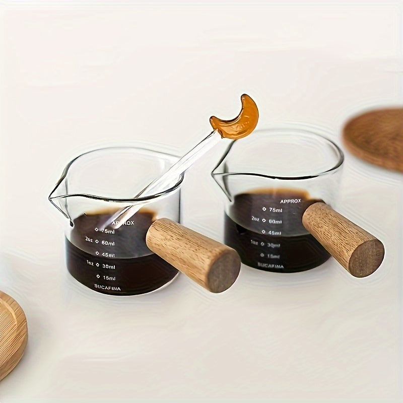 Taza de café de vidrio de borosilicato con asa de madera, doble pico y marcas de medición