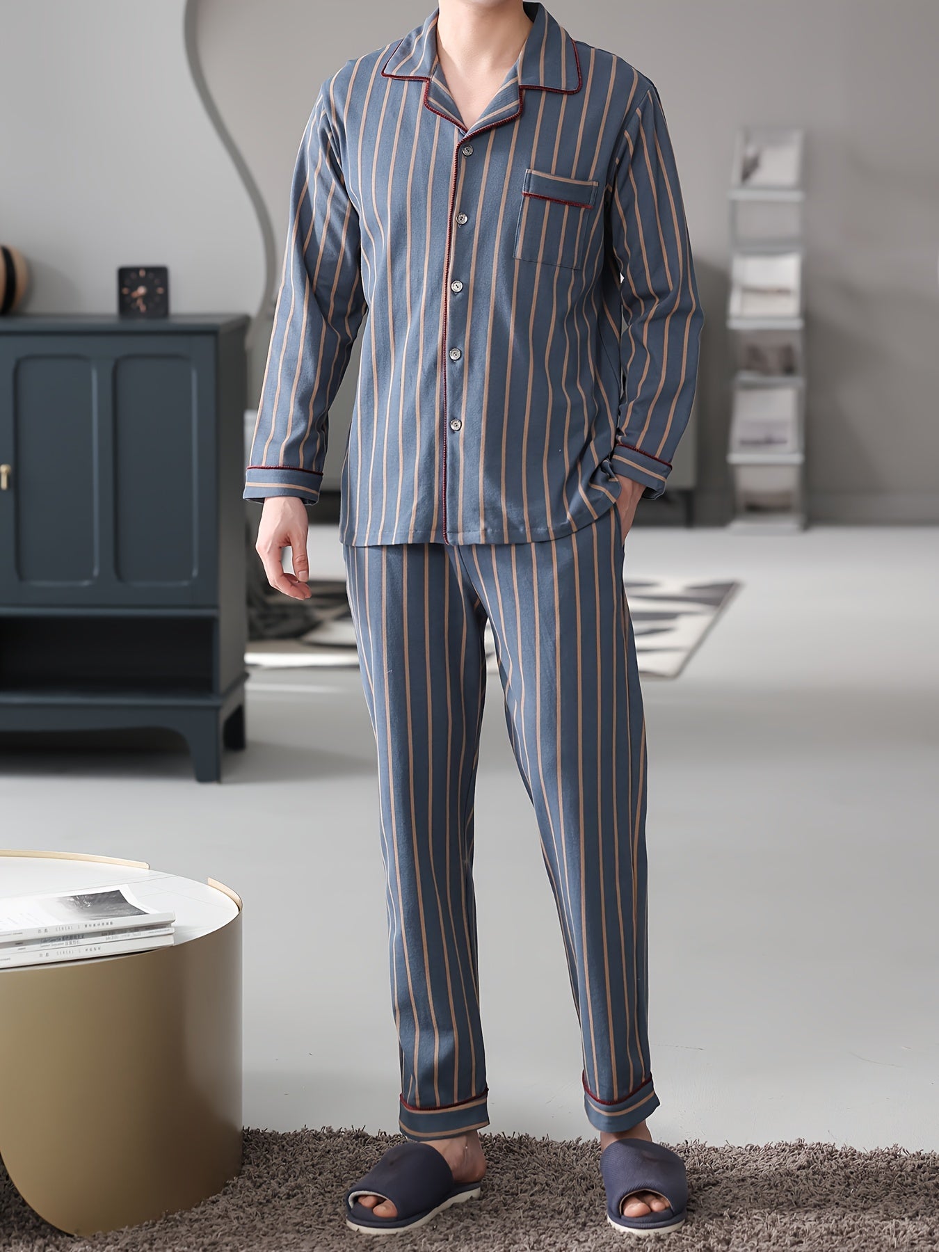 Men's Cotton Striped Pajama Set Long Sleeve Lapel Shirt Elastic Waist Pants Lounge Sleepwear