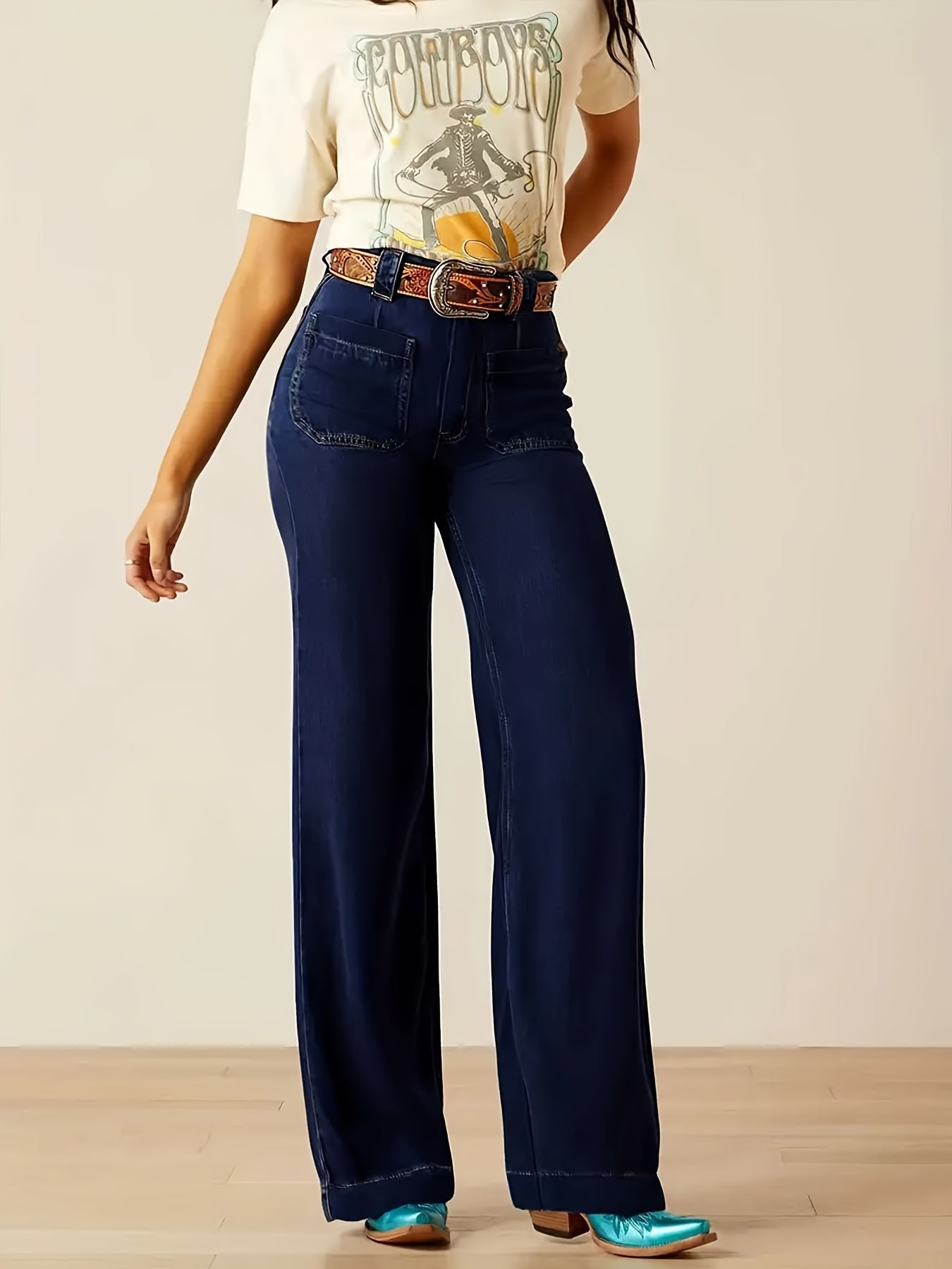 Women's Dark Blue Denim Wide Leg Pants with Elastic Straight Leg Fit for All Seasons
