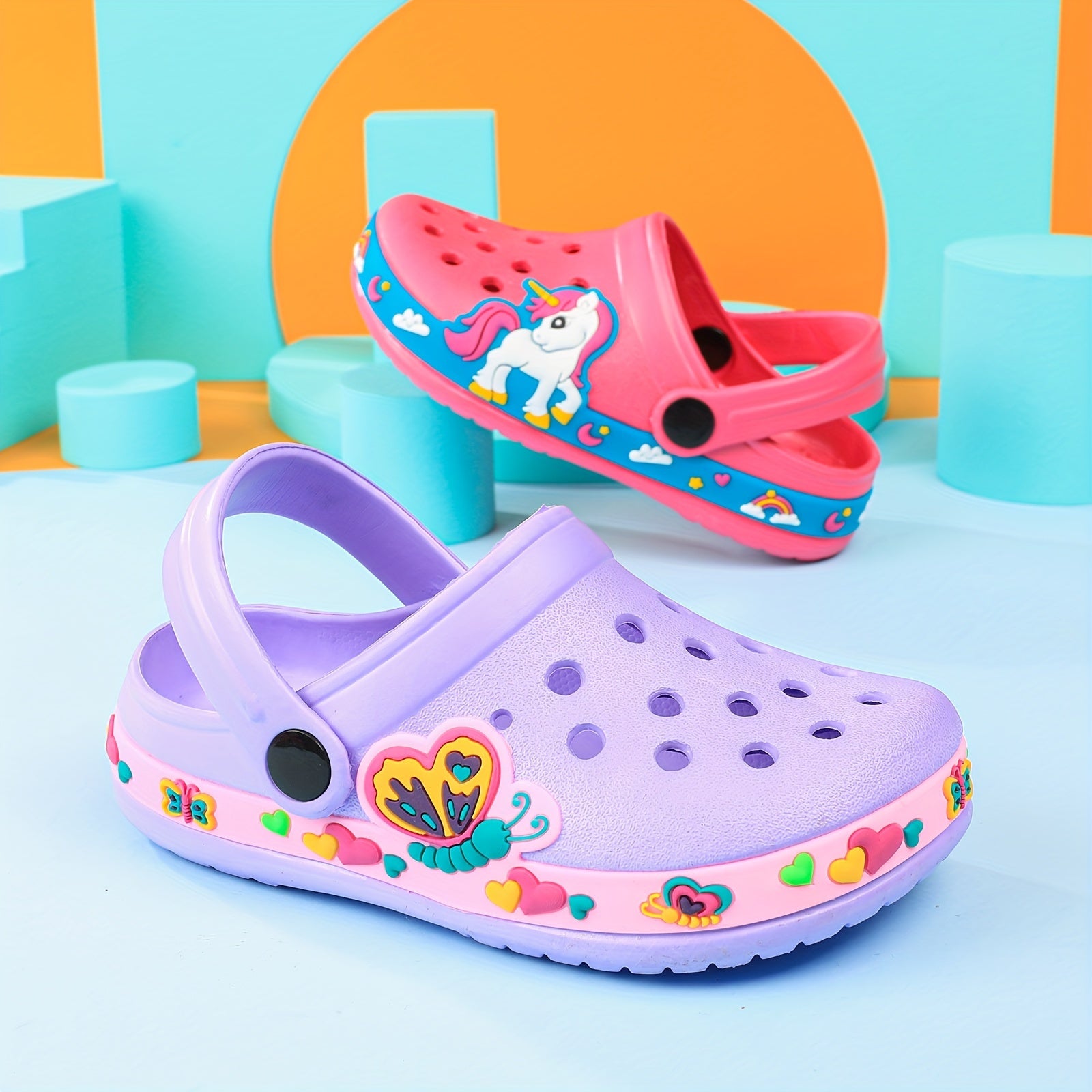 Toddler Girls Cartoon Print Platform Clogs with Closed Toe Anti-Skid Sole Hollow Out Design