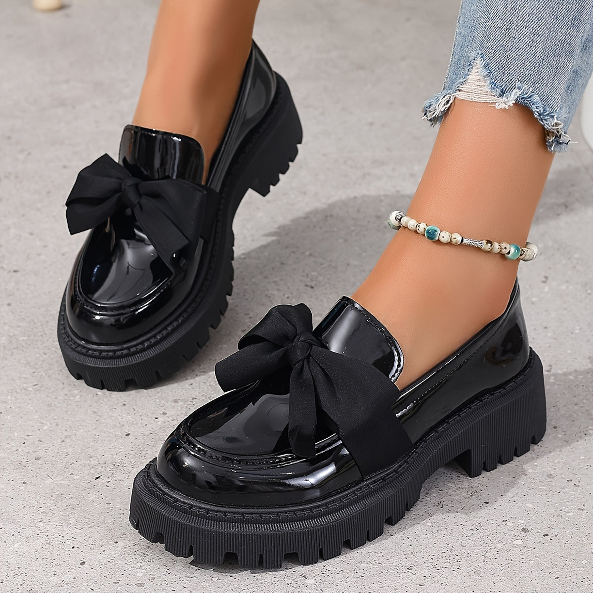 Women’s Synthetic Leather Slip-On Penny Loafers with Bow Flats