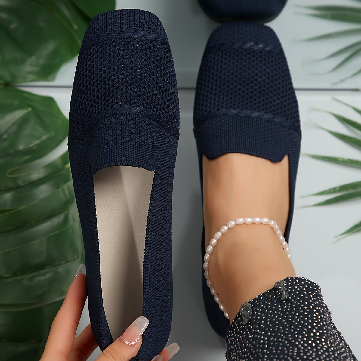 Zapatos de mujer sin cordones con tela de punto transpirable, ligeros, punta cuadrada, para todas las estaciones, ballet