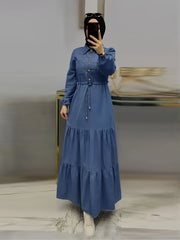 Women’s Long Sleeve Solid Abaya Dress with Drawstring Waist for Ramadan