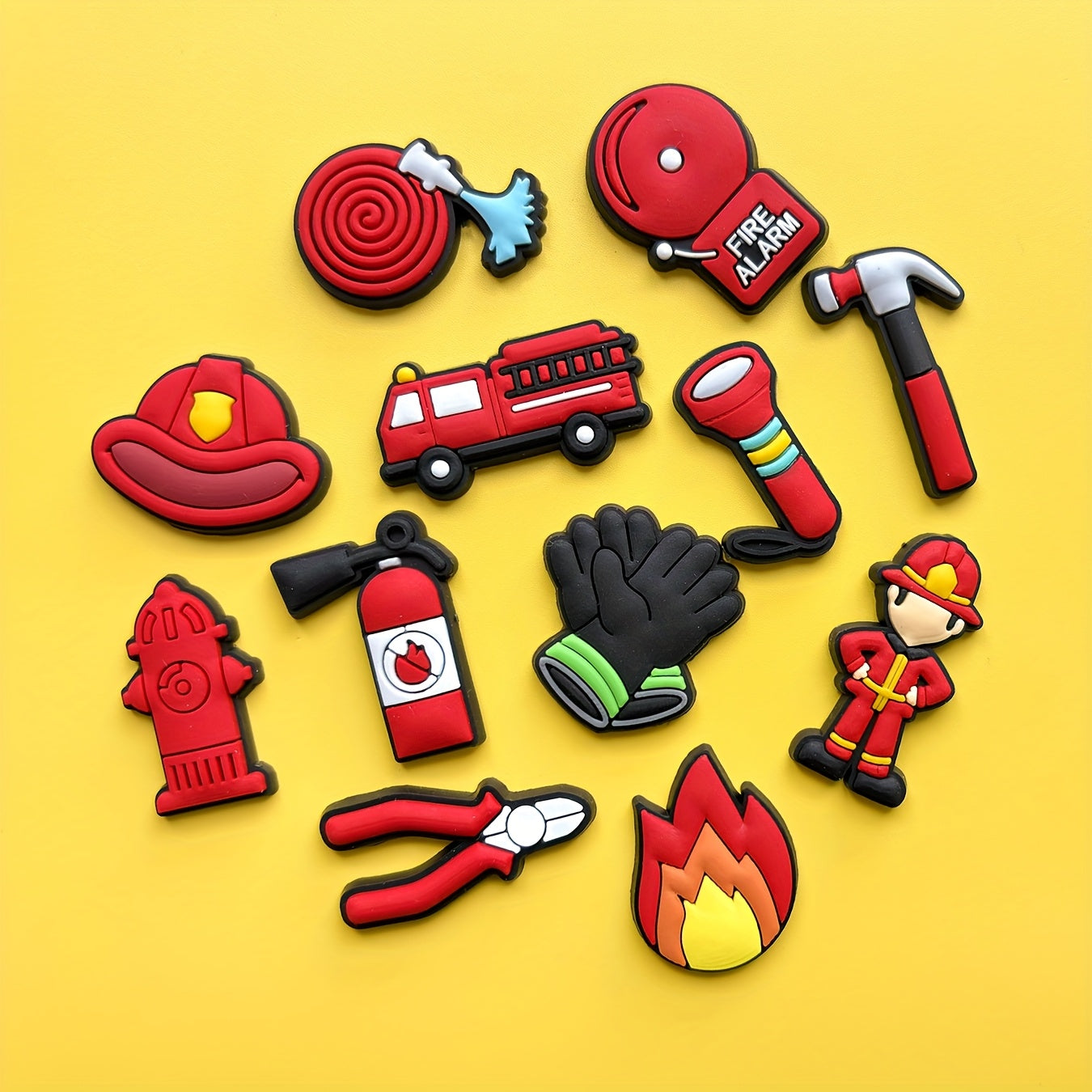 12pcs Firefighter PVC Shoe Charms Kids Colorful Fire Helmet Jacket Backpack