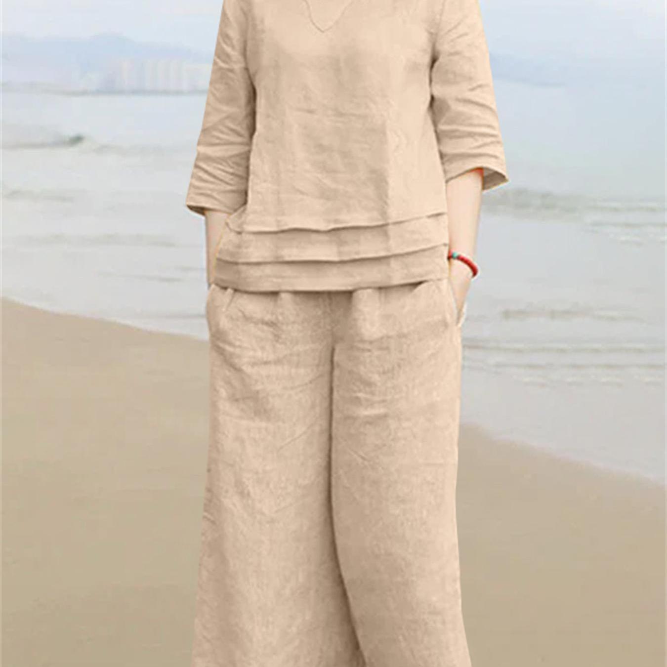 Plus Size Women's Cotton Lounge Set V-Neck Top 3/4 Sleeves Pockets Wide Leg Trousers