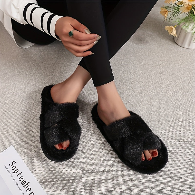Women's Plush Non Slip Indoor Slip-On Slippers with Cross Straps