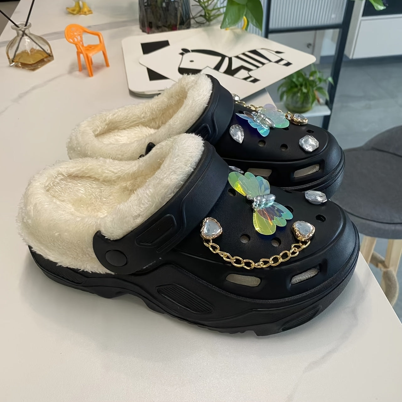 Women's Warm Plush Lined Shoes with Butterfly Heels and Bear Accessories