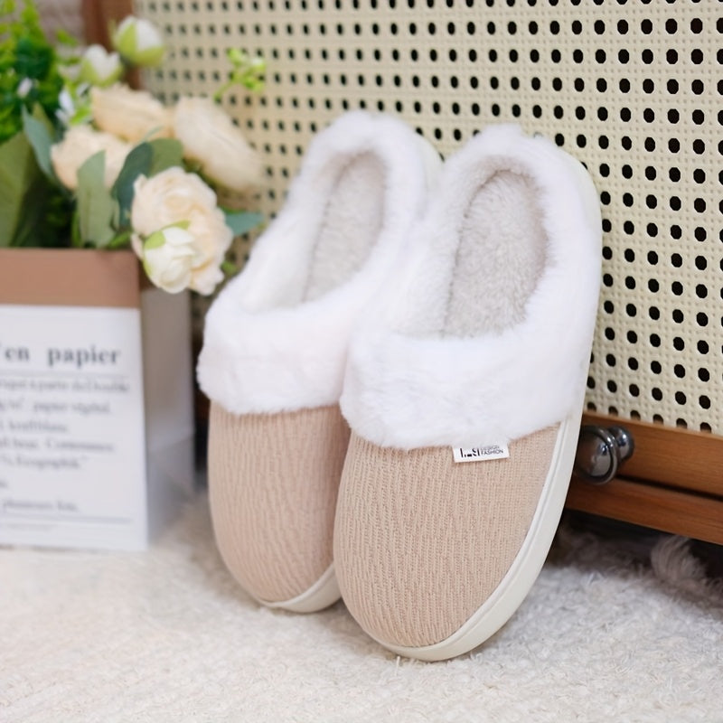 Unisex Fuzzy Slip-On Indoor House Slippers Warm Thick Plush Red Gray Beige