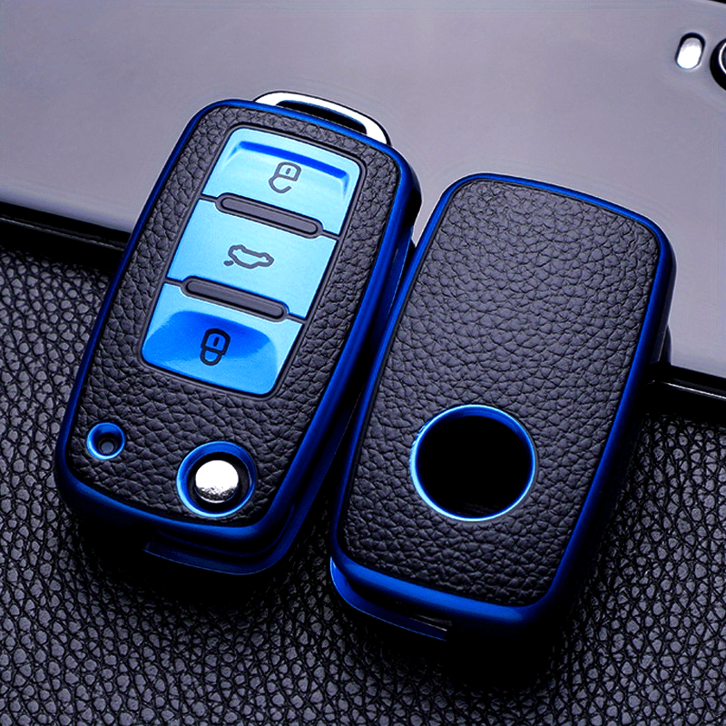 Car Key Protective Cover Leather Grain 3-Button Anti-fall Wear-Resistant