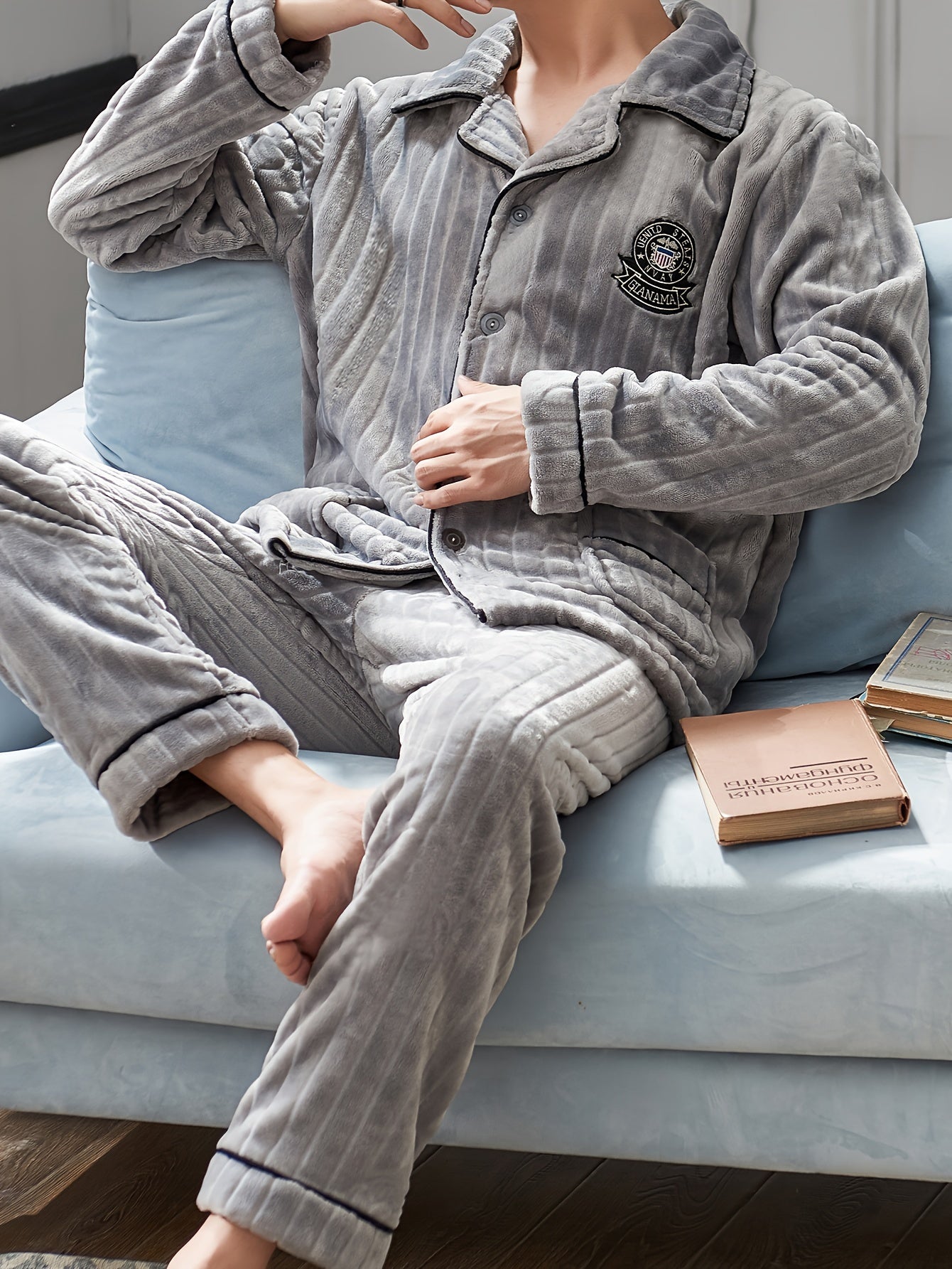 Men's Flannel Pajama Set for Fall Winter Long Sleeve Pants Velvet Fabric