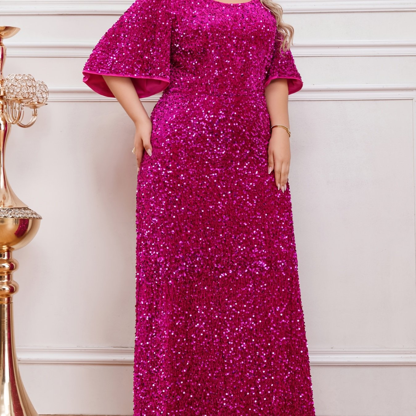Plus Size Sequin Maxi Dress with Ruffle Sleeves for Weddings and Formal Events