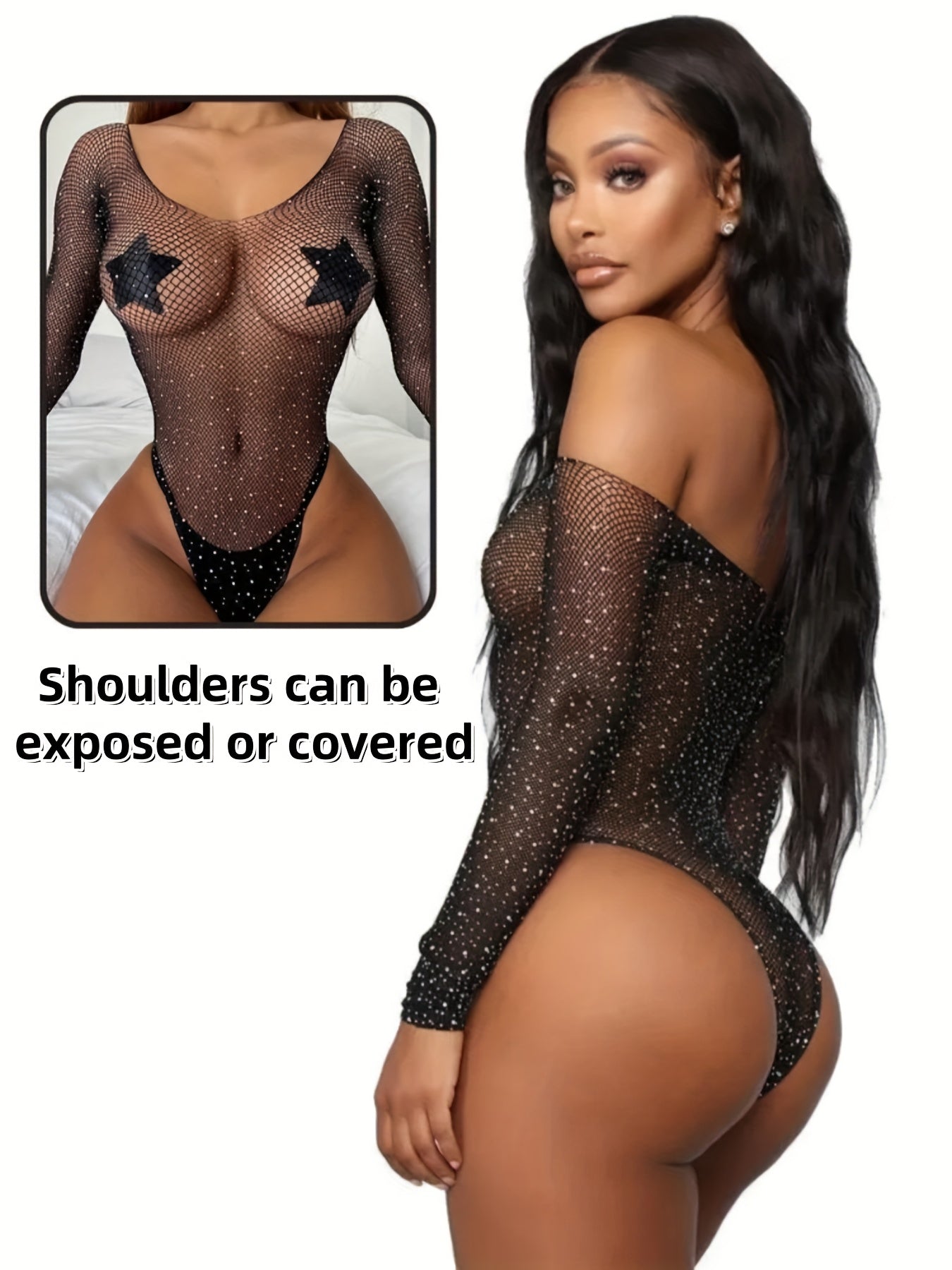 Plus Size Women's Lingerie Bodysuit with Sparkling Stars Black Long Sleeve Rhinestone Yoga Suit