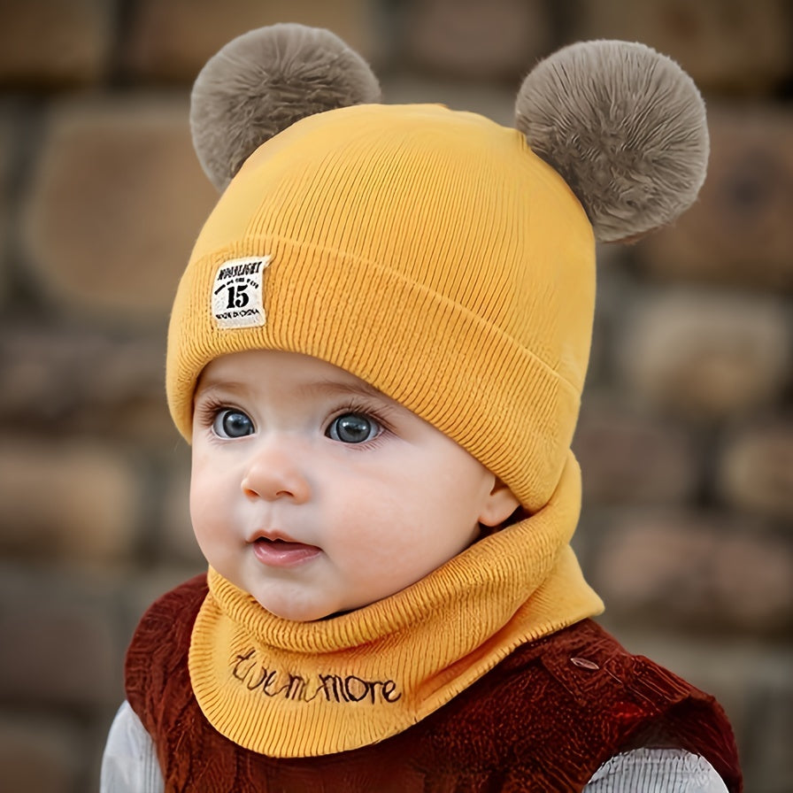 Infant Knitted Beanie and Scarf Set with Pom Pom and Alphabet Design for Fall Winter