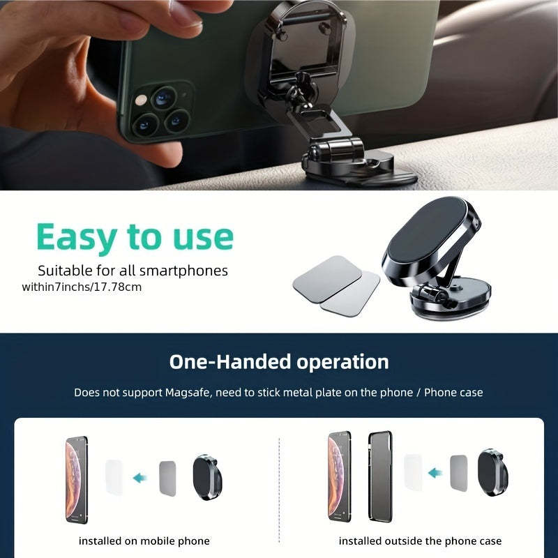 Universal Magnetic Car Phone Holder Alloy Folding 360° Adjustable Dashboard Mount
