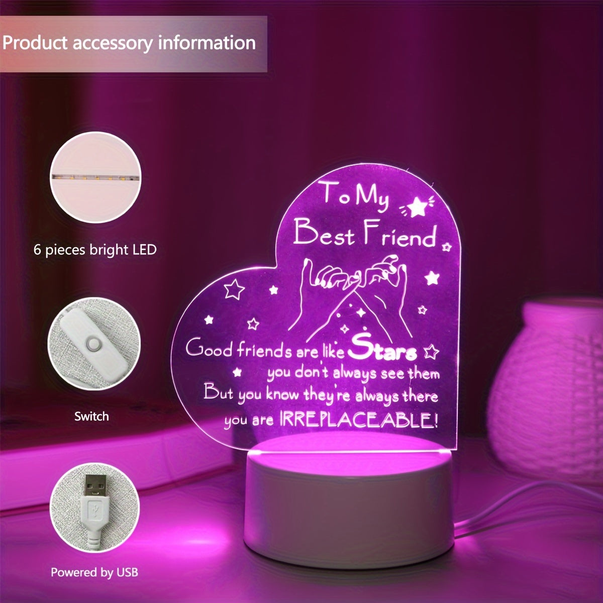 Pink 3D LED Night Light with Inspirational Message USB Powered for Bedroom Decor