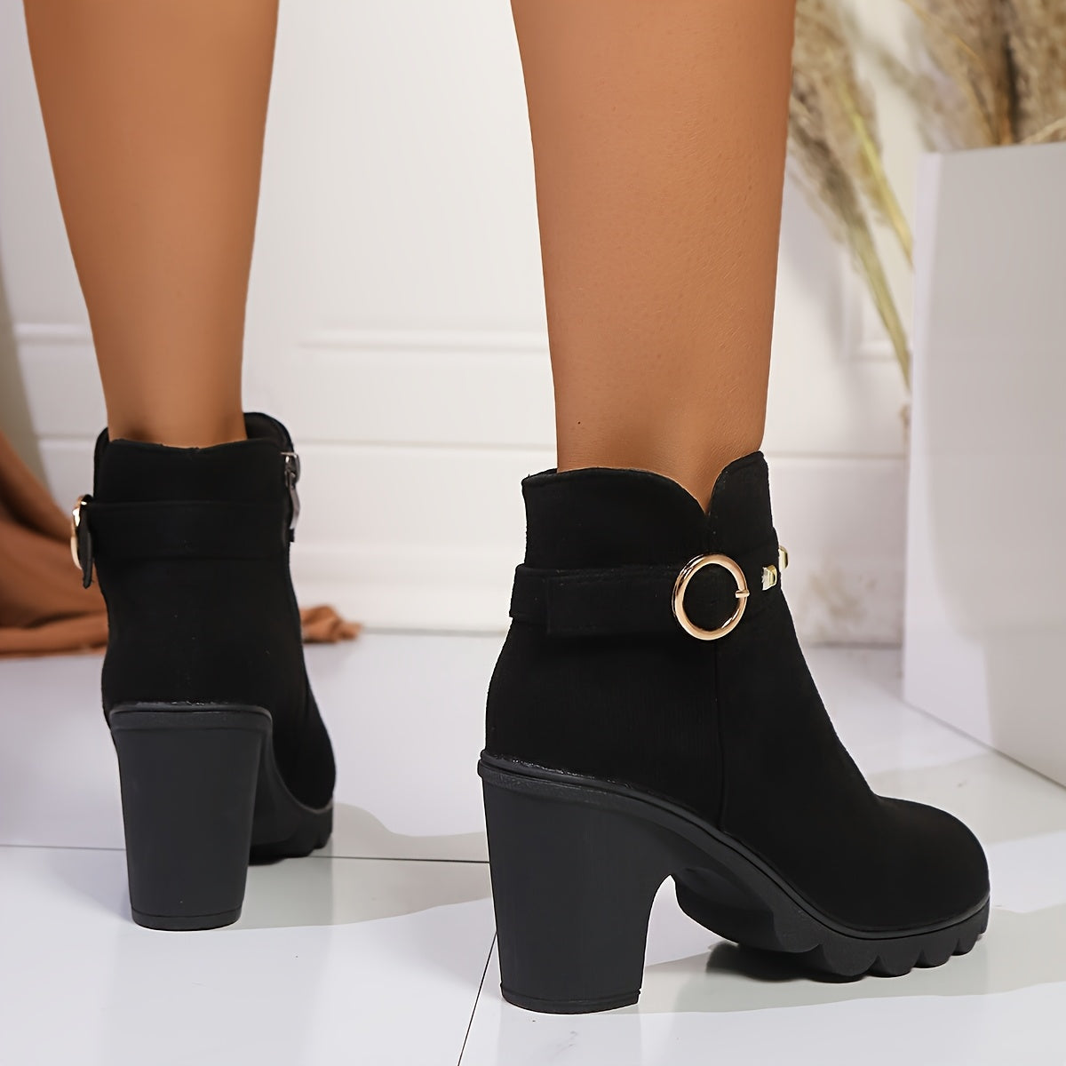 Women's Black Ankle Boots with Buckle Strap Side Zipper Round Toe Vintage Style