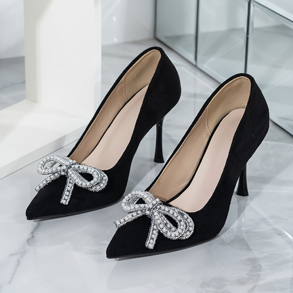 Women's Black Velvet Stiletto Heels with Rhinestone Bow Pointed Toe Pumps