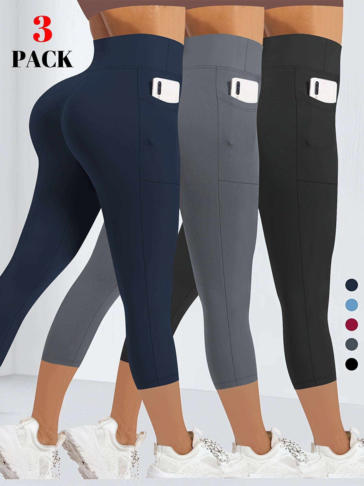 Plus Size Women's High-Waisted Tummy Control Capri Leggings 3-Pack